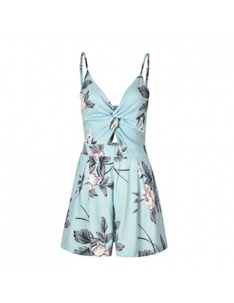 Rompers Sexy V-neck Women Summer Beach Playsuit Casual Printing Backless Bow Female Jumpsut Bodysuit - Sky Blue - 32958117566...