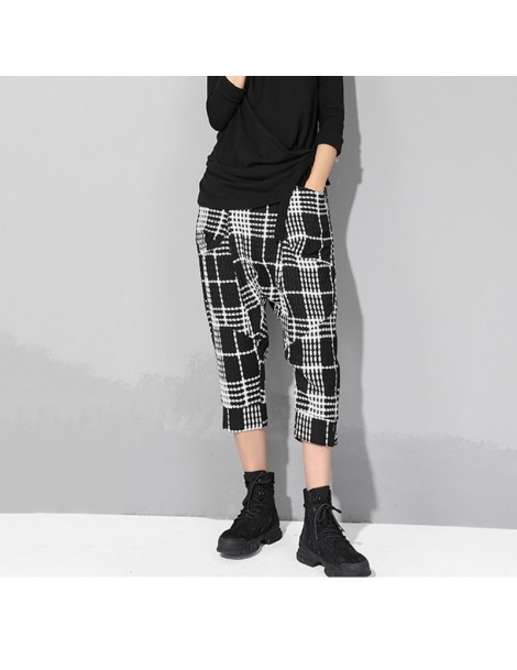 Pants & Capris 2019 New Autumn Winter High Elastic Waist Black Plaid Pocket Split Joint Loose Pants Women Trousers Fashion Ti...