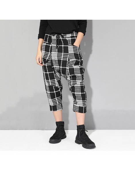 Pants & Capris 2019 New Autumn Winter High Elastic Waist Black Plaid Pocket Split Joint Loose Pants Women Trousers Fashion Ti...