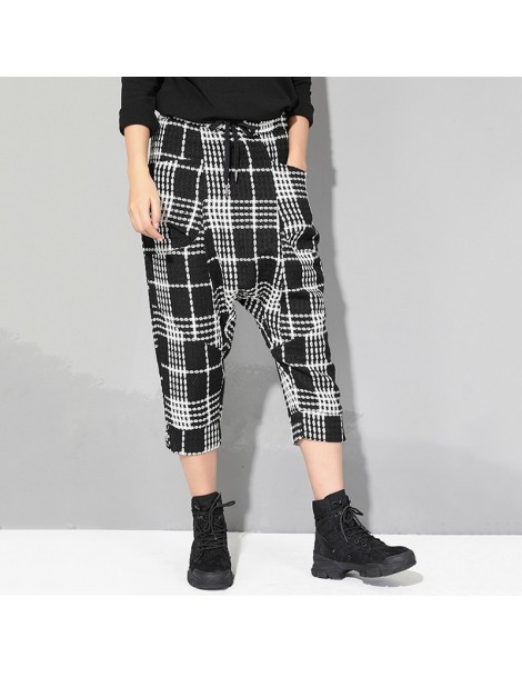 Pants & Capris 2019 New Autumn Winter High Elastic Waist Black Plaid Pocket Split Joint Loose Pants Women Trousers Fashion Ti...