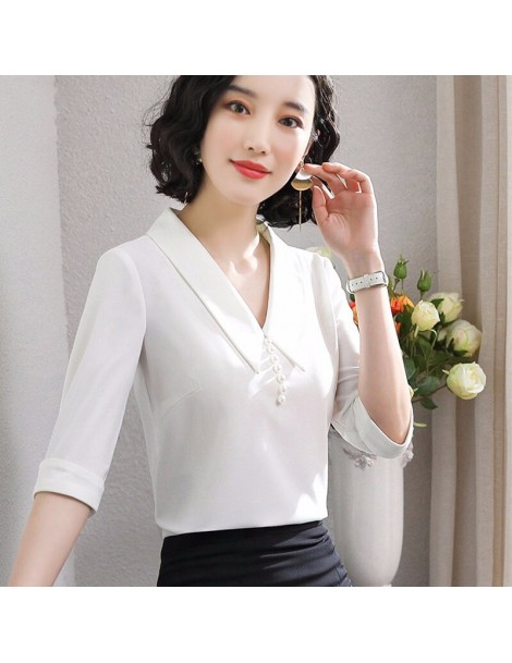 2019 New Korean Office lace shirt Fashion V-collar White blouse Solid ...