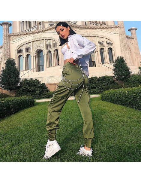 Pants & Capris Streetwear satin cargo pants women trousers big pockets lace up pencil pants track joggers 2019 casual green b...