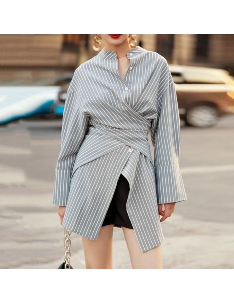 Blouses & Shirts Asymmetrical Shirts Blouse Female Stand Collar Long Sleeve Waist Cross Long Striped Shirt Women 2018 Fashion...