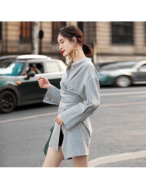 Blouses & Shirts Asymmetrical Shirts Blouse Female Stand Collar Long Sleeve Waist Cross Long Striped Shirt Women 2018 Fashion...