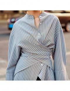 Blouses & Shirts Asymmetrical Shirts Blouse Female Stand Collar Long Sleeve Waist Cross Long Striped Shirt Women 2018 Fashion...