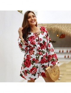 Rompers 4XL Plus Size Bohemian Floral Print Women Playsuit Summer Beach Holiday Romper Lace Up Hollow Out Long Sleeve High Wa...