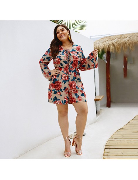 Rompers 4XL Plus Size Bohemian Floral Print Women Playsuit Summer Beach Holiday Romper Lace Up Hollow Out Long Sleeve High Wa...