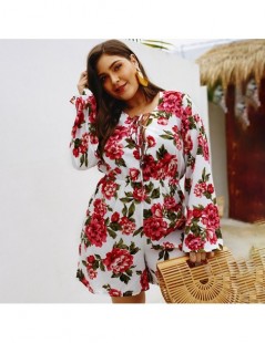 Rompers 4XL Plus Size Bohemian Floral Print Women Playsuit Summer Beach Holiday Romper Lace Up Hollow Out Long Sleeve High Wa...