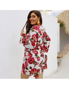 Rompers 4XL Plus Size Bohemian Floral Print Women Playsuit Summer Beach Holiday Romper Lace Up Hollow Out Long Sleeve High Wa...