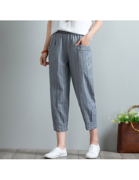 Pants & Capris Plus Size Cotton Linen Harem Pants Women Spring Summer High Waist Striped Pockets Pants Casual Elastic Waist S...