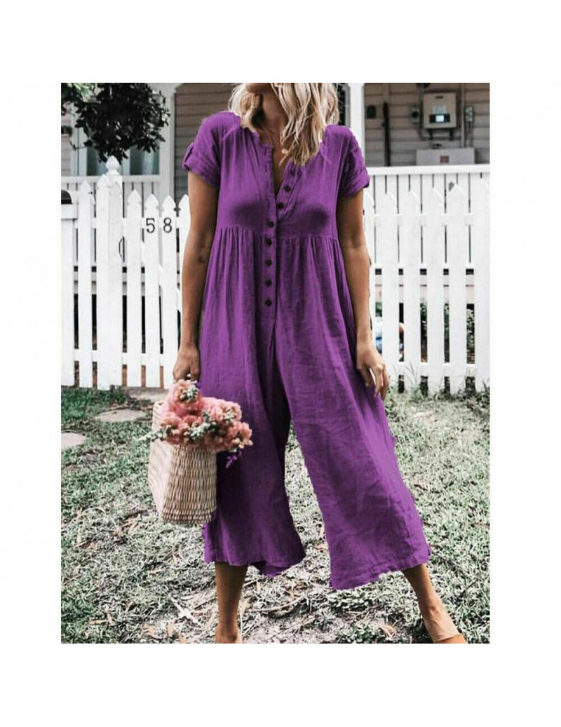 Womens Summer Solid Short Sleeve Rompers Button Down Wide Leg Jumpsuits ...