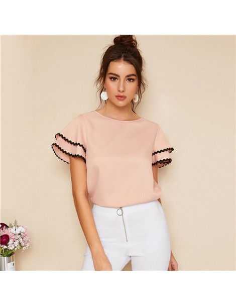 Blouses & Shirts Pink Womens Tops And Blouses Contrast Wave Lace Trim Layered Ruffle Sleeve Summer Top 2019 Women Short Sleev...