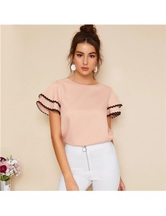 Blouses & Shirts Pink Womens Tops And Blouses Contrast Wave Lace Trim Layered Ruffle Sleeve Summer Top 2019 Women Short Sleev...