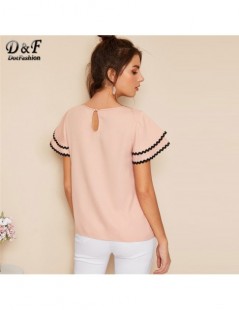 Blouses & Shirts Pink Womens Tops And Blouses Contrast Wave Lace Trim Layered Ruffle Sleeve Summer Top 2019 Women Short Sleev...