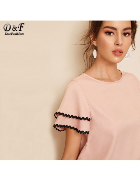 Blouses & Shirts Pink Womens Tops And Blouses Contrast Wave Lace Trim Layered Ruffle Sleeve Summer Top 2019 Women Short Sleev...