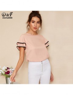 Blouses & Shirts Pink Womens Tops And Blouses Contrast Wave Lace Trim Layered Ruffle Sleeve Summer Top 2019 Women Short Sleev...