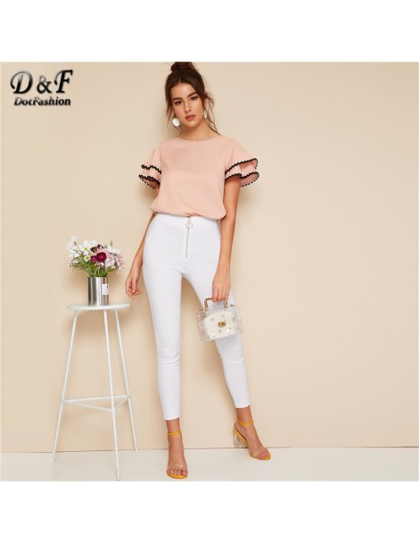 Blouses & Shirts Pink Womens Tops And Blouses Contrast Wave Lace Trim Layered Ruffle Sleeve Summer Top 2019 Women Short Sleev...