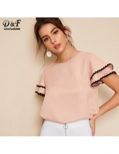 Blouses & Shirts Pink Womens Tops And Blouses Contrast Wave Lace Trim Layered Ruffle Sleeve Summer Top 2019 Women Short Sleev...