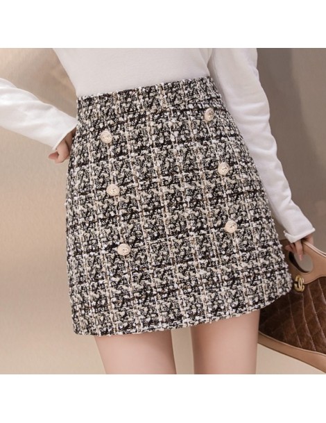 Skirts Small Fragrance Woolen Mini Skirt 2019 Winter Women Vintage Plaid Gold Double-Breasted Tweed A-Line Skirt High Waist F...