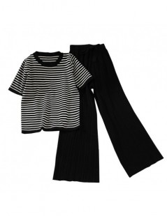 Women's Sets Women's Two Piece Knitted Set Short Sleeved Stripe Sweater Tops+ Wide-leg Casual Pants Suit Sportswear 2pcs - Bl...