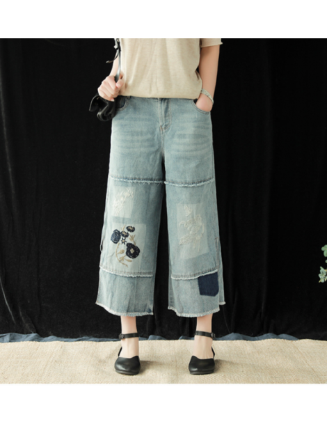 Jeans Summer Jeans Women Fashion Loose Elastic Waist Denim Trousers New Ladies Casual Embroidery flower pocket Spliced Vintag...