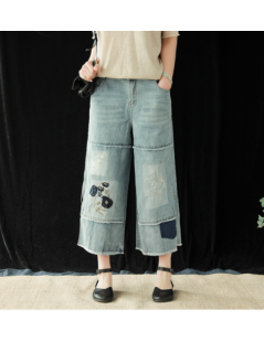 Jeans Summer Jeans Women Fashion Loose Elastic Waist Denim Trousers New Ladies Casual Embroidery flower pocket Spliced Vintag...