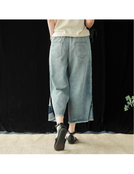 Jeans Summer Jeans Women Fashion Loose Elastic Waist Denim Trousers New Ladies Casual Embroidery flower pocket Spliced Vintag...