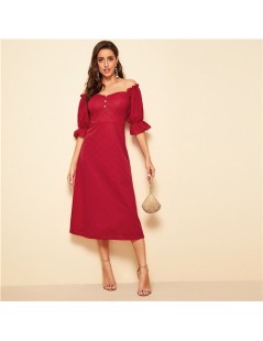 Dresses Red Button Front Ruffle Flounce Sleeve Off the Shoulder Flare Vintage Dress Women Spring Summer Solid Long Party Dres...