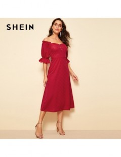 Dresses Red Button Front Ruffle Flounce Sleeve Off the Shoulder Flare Vintage Dress Women Spring Summer Solid Long Party Dres...