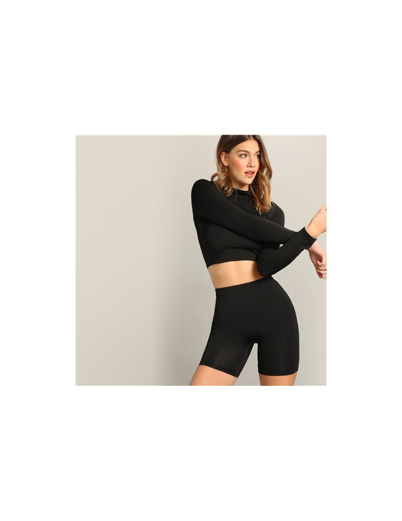 Mock-neck Crop Fitted Top And Leggings Shorts Set Active Wear Skinny Solid  Outfits Summer Black Women 2 Piece Set - Black - 443097182751