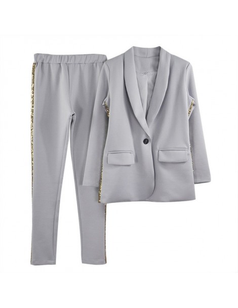 Women's Sets Sequined Spliced Pants Suit Casual Outfits 2 Piece Sets Female OL Style Slim Buttonless Blazer and Trouser Suit ...