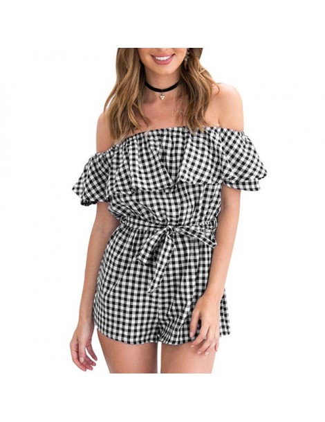 Rompers Off Shoulder Plaid Jumpsuits For Women 2018 Summer Female Front Tie Playsuit Backless Ladies Ruffle Black Bodysuit Ro...