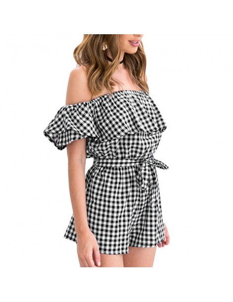 Rompers Off Shoulder Plaid Jumpsuits For Women 2018 Summer Female Front Tie Playsuit Backless Ladies Ruffle Black Bodysuit Ro...