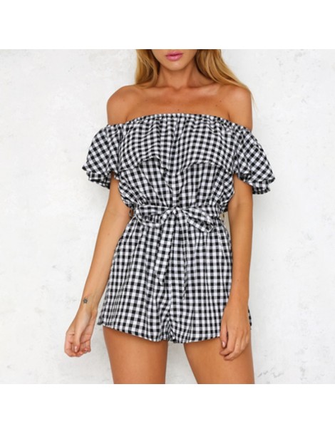 Rompers Off Shoulder Plaid Jumpsuits For Women 2018 Summer Female Front Tie Playsuit Backless Ladies Ruffle Black Bodysuit Ro...