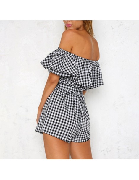 Rompers Off Shoulder Plaid Jumpsuits For Women 2018 Summer Female Front Tie Playsuit Backless Ladies Ruffle Black Bodysuit Ro...