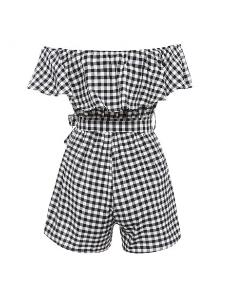 Rompers Off Shoulder Plaid Jumpsuits For Women 2018 Summer Female Front Tie Playsuit Backless Ladies Ruffle Black Bodysuit Ro...