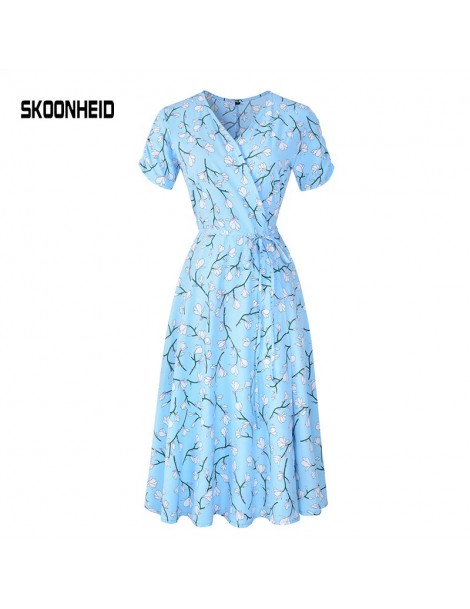 Dresses New Summer Print Floral Dress Women V Neck Short Sleeves Chiffon Bohemian Dresses Beach Midi Female Wrap Long Dress -...