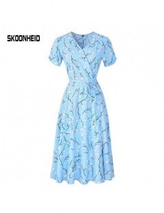 Dresses New Summer Print Floral Dress Women V Neck Short Sleeves Chiffon Bohemian Dresses Beach Midi Female Wrap Long Dress -...