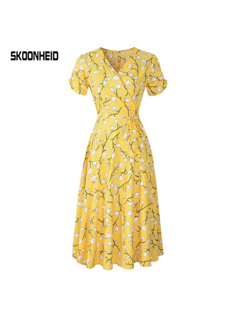 Dresses New Summer Print Floral Dress Women V Neck Short Sleeves Chiffon Bohemian Dresses Beach Midi Female Wrap Long Dress -...