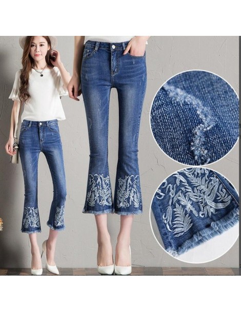 Jeans New 2019 Spring Summer Women's Casual Jeans Capris Vintage Floral Embroidery Pants Elastic Waist Tassel Denim Flare Pan...