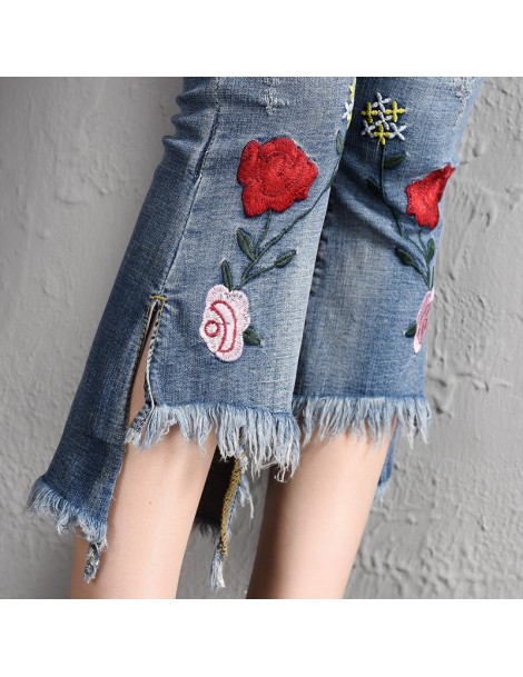 Jeans New 2019 Spring Summer Women's Casual Jeans Capris Vintage Floral Embroidery Pants Elastic Waist Tassel Denim Flare Pan...