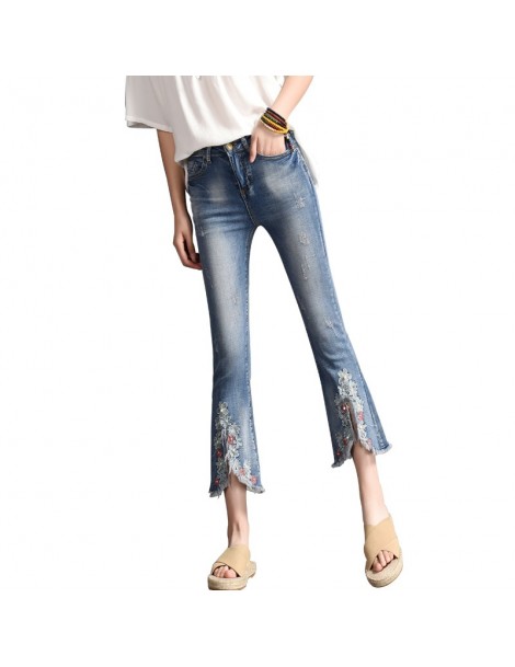 Jeans New 2019 Spring Summer Women's Casual Jeans Capris Vintage Floral Embroidery Pants Elastic Waist Tassel Denim Flare Pan...