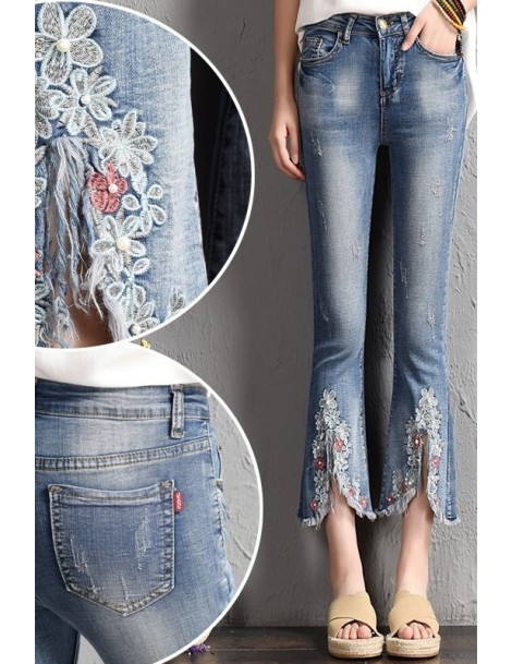 Jeans New 2019 Spring Summer Women's Casual Jeans Capris Vintage Floral Embroidery Pants Elastic Waist Tassel Denim Flare Pan...