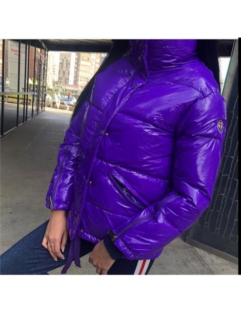 Parkas 2018 Fashion Winter Glossy Parka for Women Warm Cotton Padded Bubble Coat Solid Puffer Jacket Casual Female Coat - Pur...