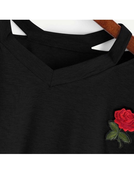 T-Shirts Women Short Floral T Shirt Summer Sexy Hollow Out Short Sleeve Casual Black White Crop Top Rose Embroidery T-shirt N...