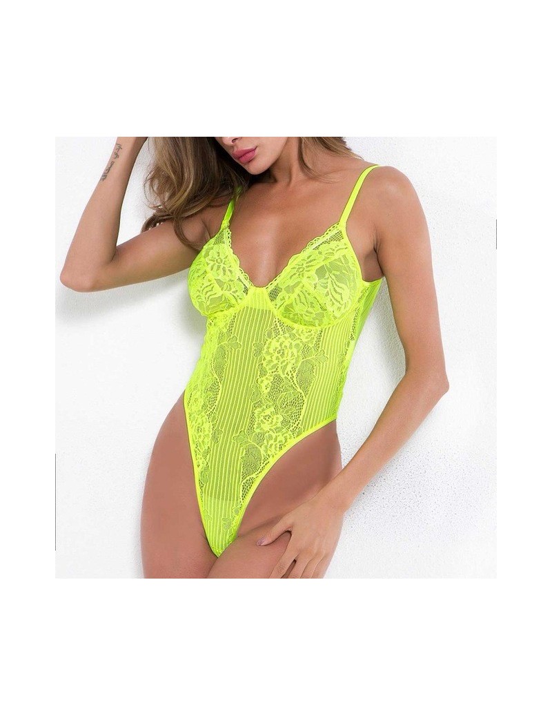 Neon Pink Classic Sheer Lace Bodysuit Women Sexy Backless Mesh Straps  Jumpsuit High-Cut Body Suits Thong Hot Sale - neon yellow - 4M4115792429-14