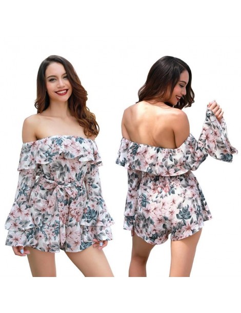 Rompers Women Flower Printing Playsuit 2018 Summer Fashion Off Shoulder Flare Sleeve Overalls Girls Shorts Belt Rompers Mini ...