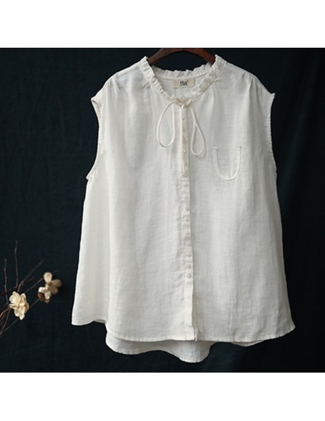 Blouses & Shirts Casual Style Shirts Art ear-collar Solid Linen Sleeveless Female Blouse 2019 Summer Fashion Button Loose Wom...