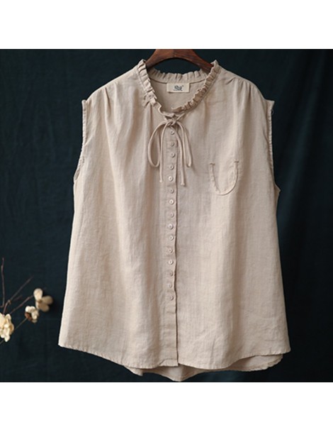 Blouses & Shirts Casual Style Shirts Art ear-collar Solid Linen Sleeveless Female Blouse 2019 Summer Fashion Button Loose Wom...