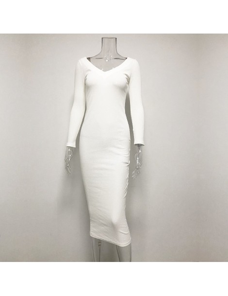 Dresses Ribbed Winter White Dress Party Bodycon Dress Women Elegant Long Dress Midi Skinny Sexy Dresses Club Wear Vestido - W...